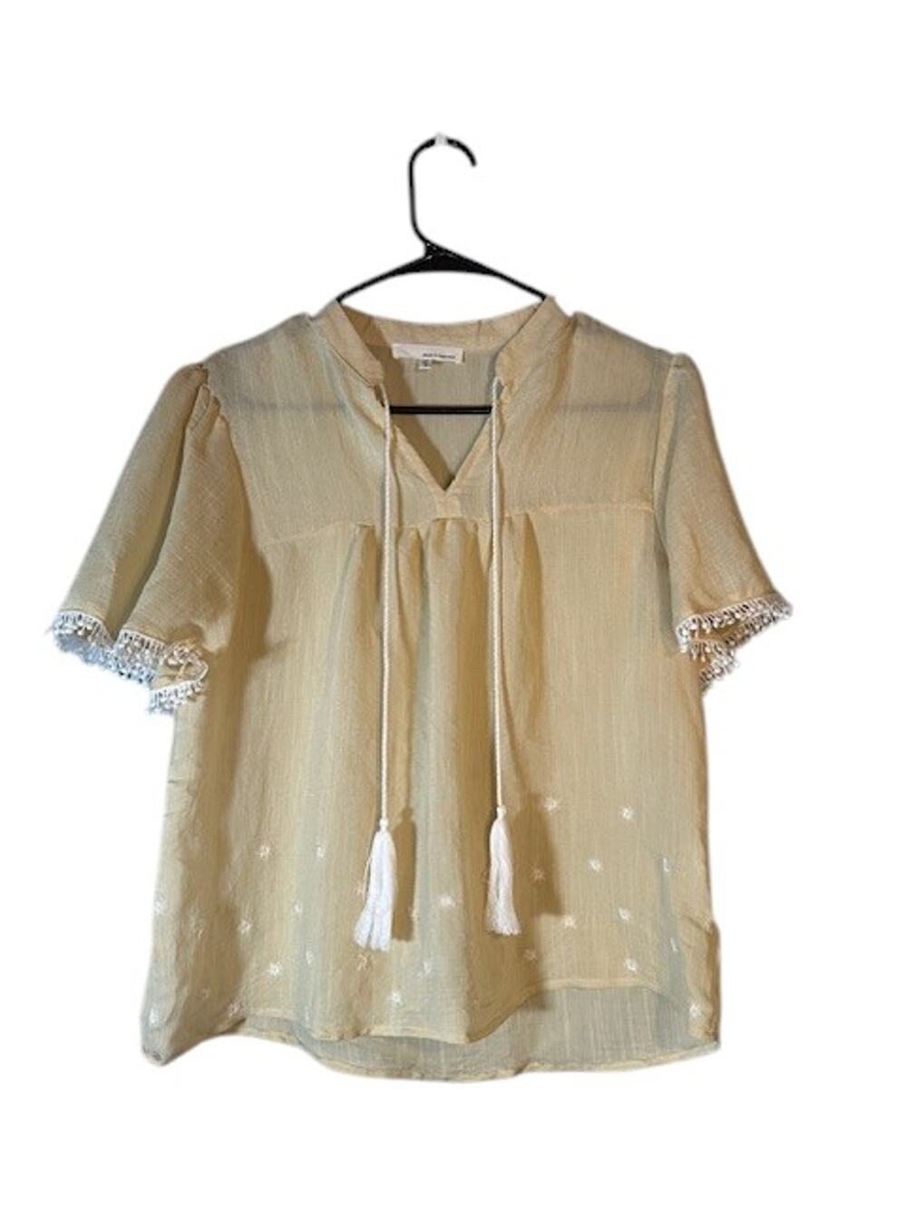 June & Hudson Pale Yellow Short Sleeve V-Neck Tassel Ties Blouse Women Sz S